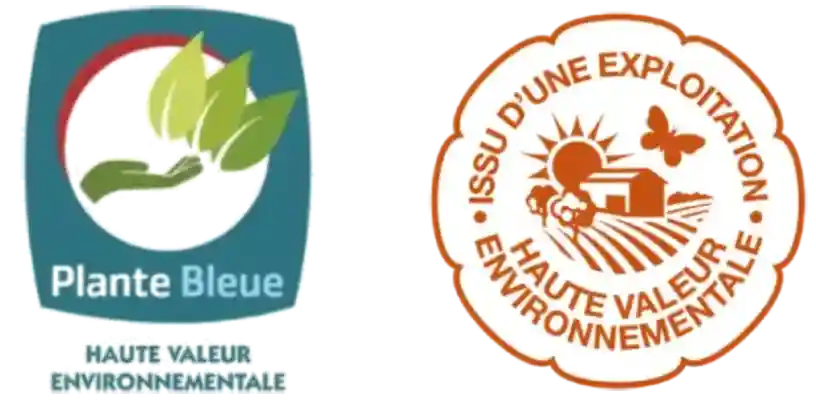 logos "plante bleue" et "Haute Valeur Environnementale"